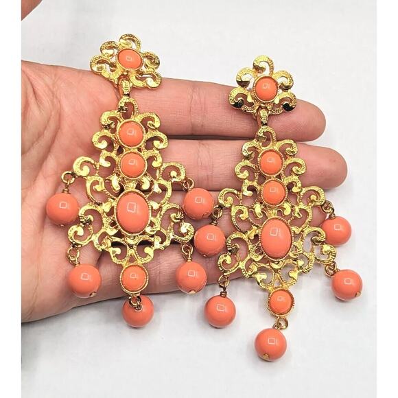 Kenneth Jay Lane KJL Couture Chandelier Statement Runway Orange Gold Earrings - Picture 3 of 9